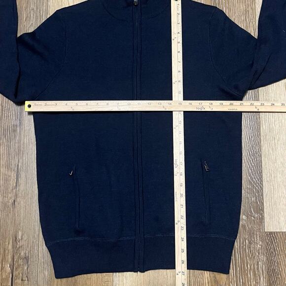 Joseph Abboud Merino Wool Blend Full Zip Sweater Mock Neck L Blue Pockets Preppy - Picture 5 of 5